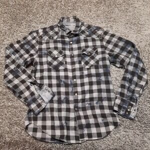 Guess LA Flannel Snap Shirt Women Medium Gray Check Western Ladies Top
